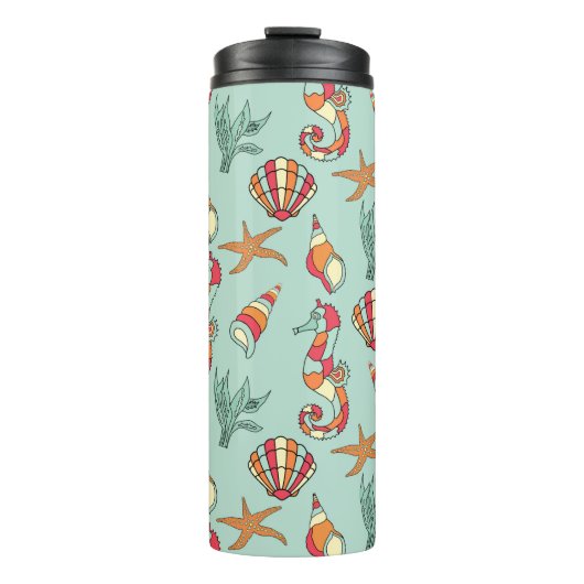 Seahorse en Seashell Pattern Blauwgroen Thermosbeker (Voorkant)