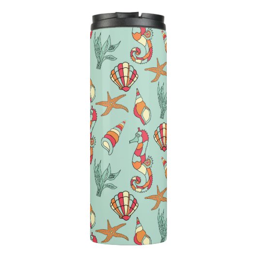 Seahorse en Seashell Pattern Blauwgroen Thermosbeker (Achterkant)