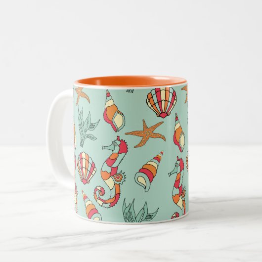 Seahorse en Seashell Pattern Tweekleurige Koffiemok (Voorkant links)