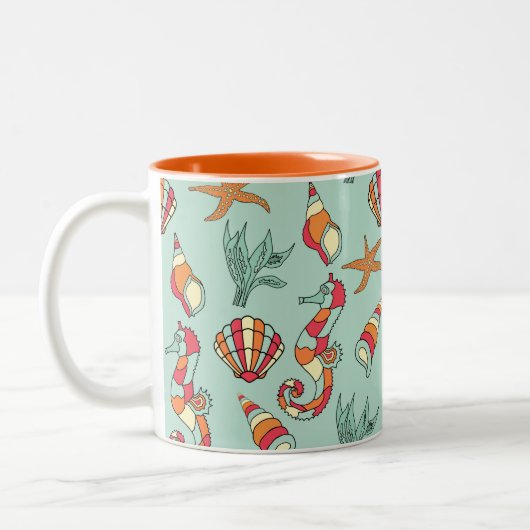 Seahorse en Seashell Pattern Tweekleurige Koffiemok (Links)