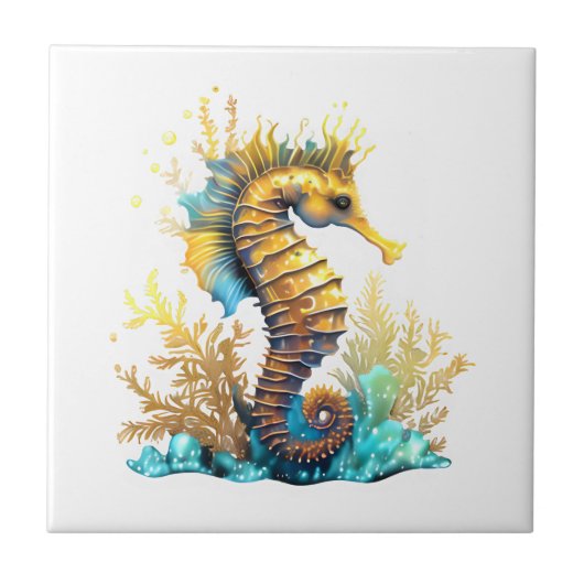 Seahorse fantasy blauw goud onder het zee tegeltje (Voorkant)