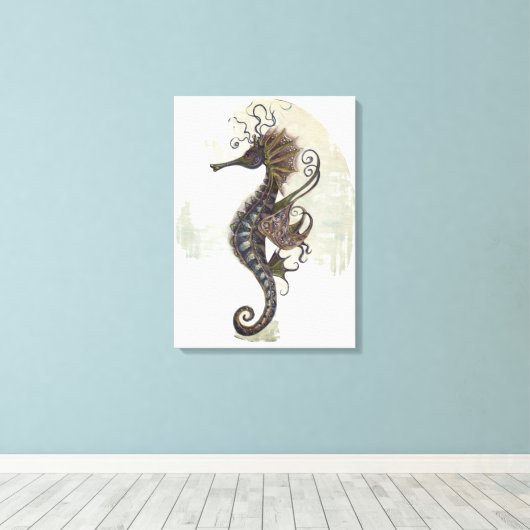 Seahorse fantasy, blue green artwork canvas afdruk (Insitu (Houten vloer))