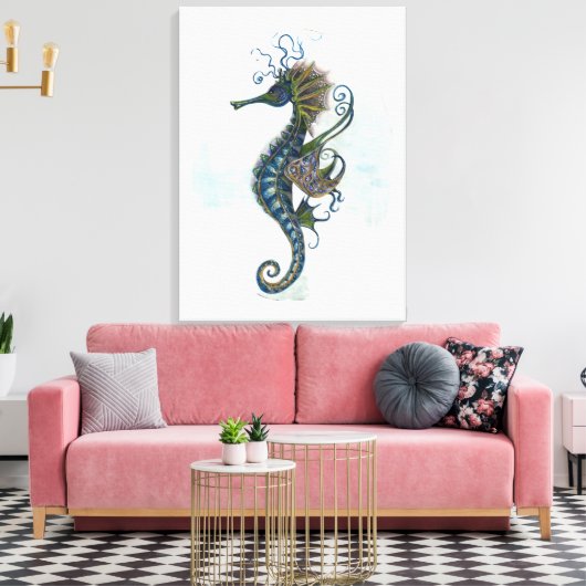 Seahorse fantasy, blue green artwork canvas afdruk (Insitu (Woonkamer))