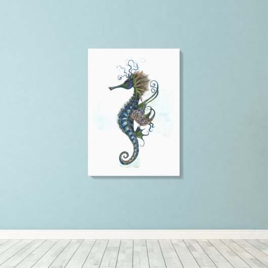 Seahorse fantasy, blue green artwork canvas afdruk (Insitu (Houten vloer))