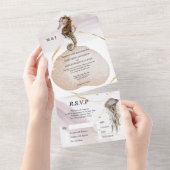 Seahorse glitter abstract kuststrand goudroze all in one uitnodiging (Afscheurbaar)