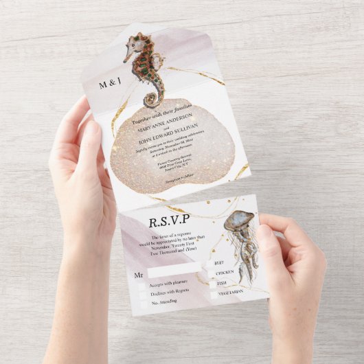 Seahorse glitter abstract kuststrand goudroze all in one uitnodiging (Afscheurbaar)