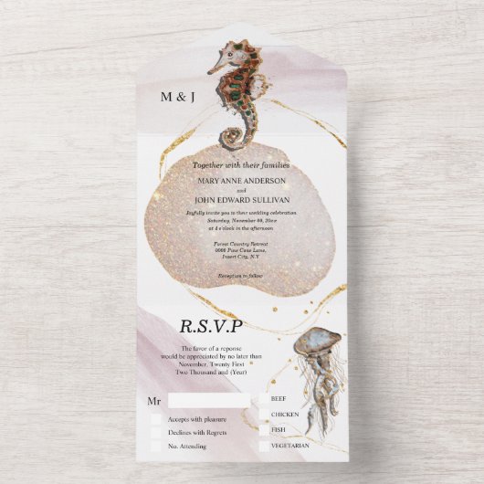 Seahorse glitter abstract kuststrand goudroze all in one uitnodiging (Binnen)