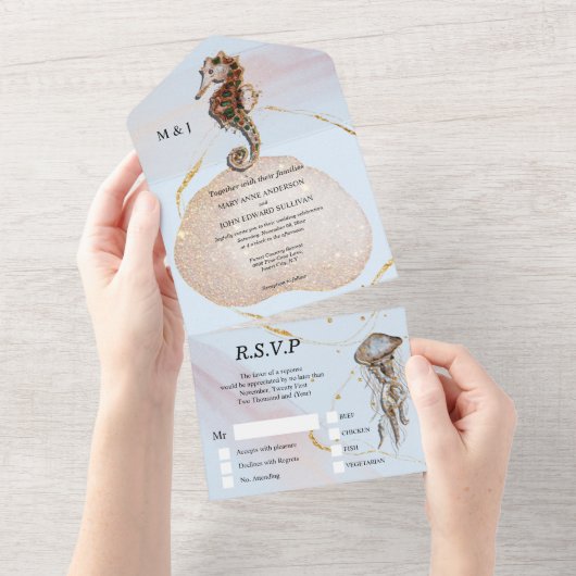 Seahorse glitter kwal fish blue gold beachall all in one uitnodiging (Afscheurbaar)