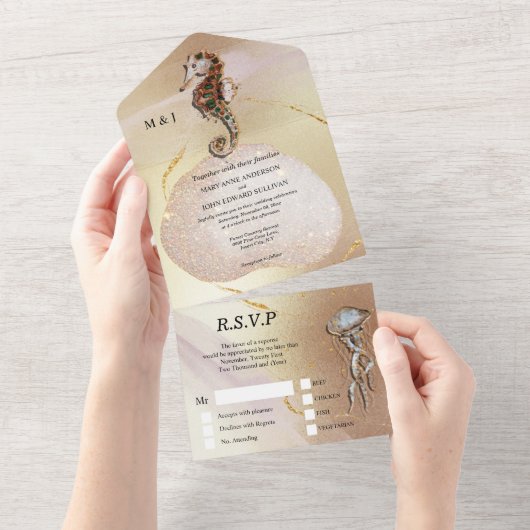 Seahorse glitter kwal roze goudstrand alle i all in one uitnodiging (Afscheurbaar)