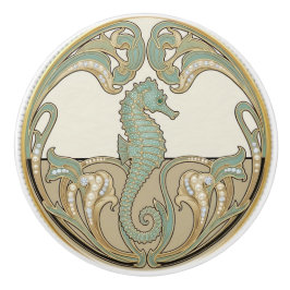 Seahorse Green Cream & Gold Art Deco Nouveau Ocean Keramische Knop
