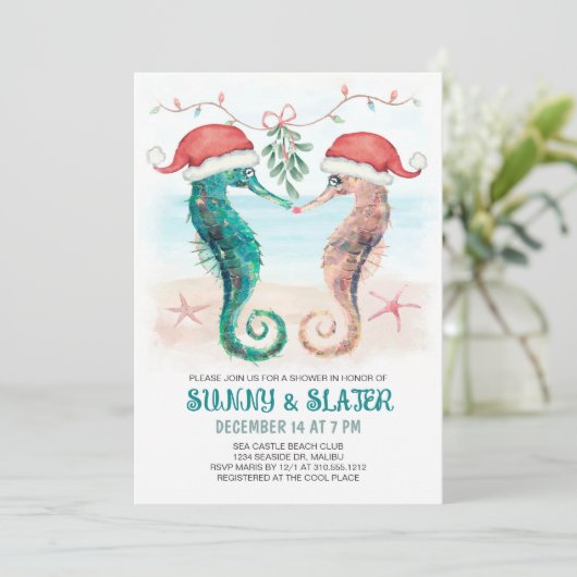 Seahorse Kiss Kust Kerstmis Koppels Douche Kaart (Staand voorkant)