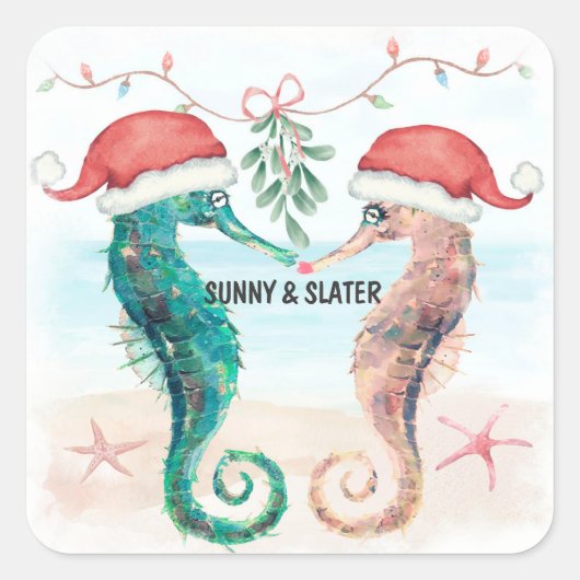 Seahorse Kiss Strand Kerstmis Koppels Douche Vierkante Sticker (Voorkant)