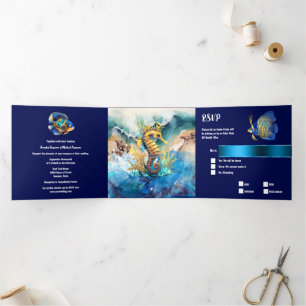 Seahorse koraal rif eiland zee kust chic drieluik uitnodiging