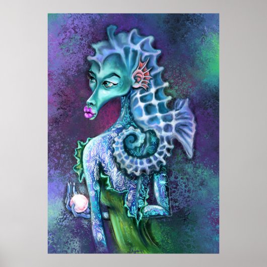Seahorse Lady Fantasy Poster Print - schilderijen (Voorkant)