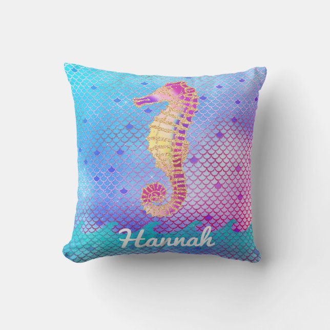 Seahorse Mermaid Scales Pink Blue Ocean Name Kussen (Voorkant)