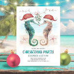 Seahorse Mistletoe Kiss Kiss Kustpartij kerstfeest Kaart<br><div class="desc">Nodig gasten uit om de vakantie te vieren met dit thema kerstfeestuitnodiging met waterverf zeepaardjes in Santa hats die kussen onder maretak op het strand. Kunst van KL Stock.</div>
