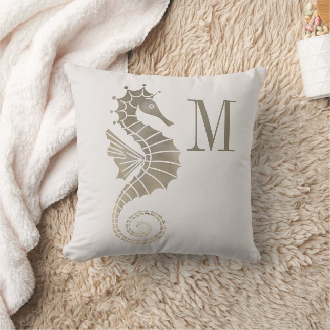 Seahorse Monogram Gold Cream Ocean Nautical Kussen (Deken)