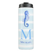 Seahorse Monogram Strand Nautische Streep Waterver Thermosbeker (Voorkant)