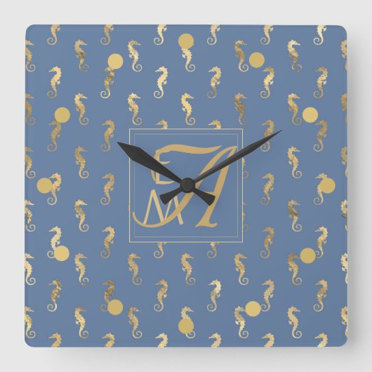 Seahorse Monogram Zee Blue Gold Home Decor Vierkante Klok (Voorkant)