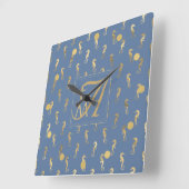 Seahorse Monogram Zee Blue Gold Home Decor Vierkante Klok (Hoek)