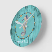 Seahorse Nautical Coastal Beach House Custom Name Ronde Klok (Hoek)