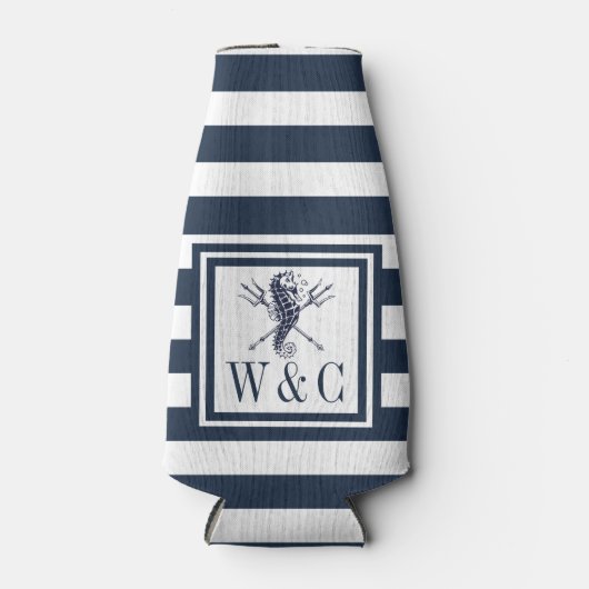 Seahorse Nautical Monogram Navy Blue Stripe Bottle Flesjeskoeler (Voorkant)