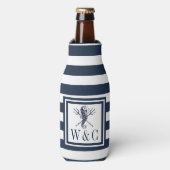 Seahorse Nautical Monogram Navy Blue Stripe Bottle Flesjeskoeler (Fles Voorkant)
