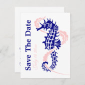 Seahorse navy blue, roze bruiloft Save the Date Aankondigingskaart (Voorkant / Achterkant)