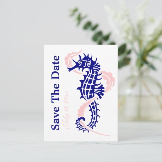 Seahorse navy blue, roze bruiloft Save the Date Aankondigingskaart (Staand voorkant)