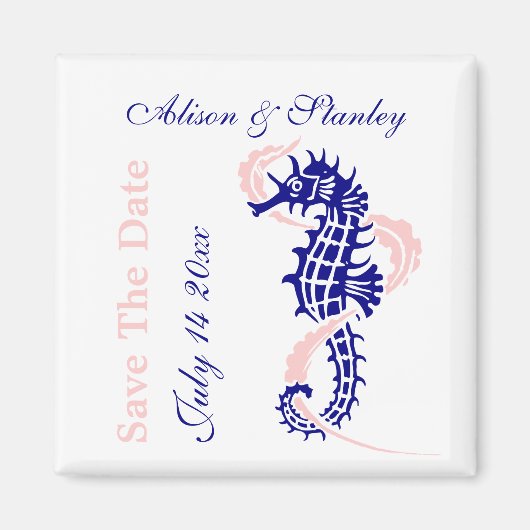 Seahorse navy blue, roze bruiloft Save the Date Magneet (Voorkant)