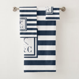Seahorse Navy Blue Stripe Nautical Monogram Bad Handdoek