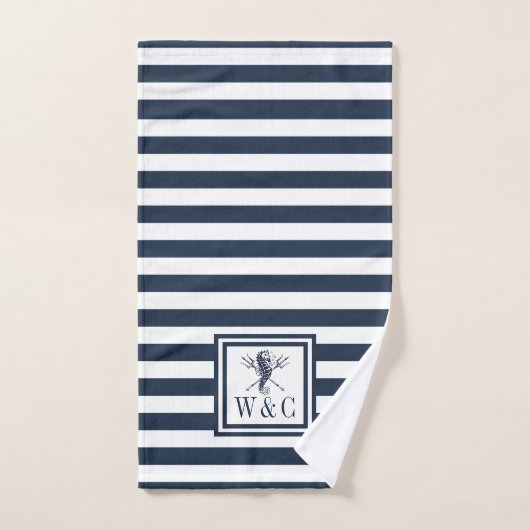 Seahorse Navy Blue Stripe Nautical Monogram Bad Handdoek (Handdoek)
