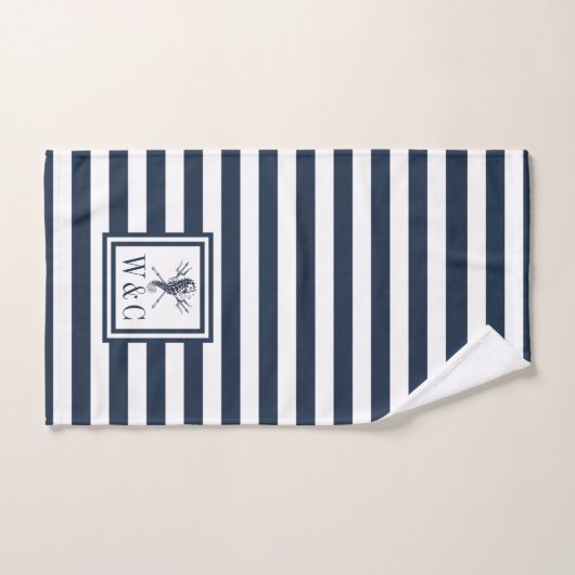 Seahorse Navy Blue Stripe Nautical Monogram Bad Handdoek (Handdoek)
