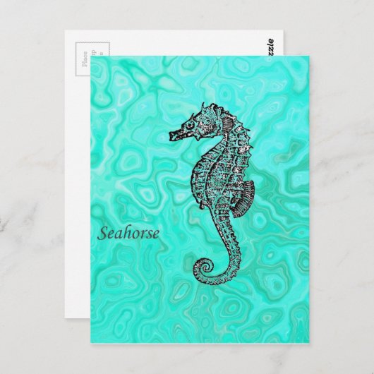 Seahorse on Aqua Splash Turquoise Marble Pattern Briefkaart (Voorkant / Achterkant)