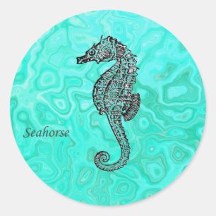 Seahorse on Aqua Splash Turquoise Marble Pattern Ronde Sticker