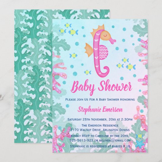 Seahorse onder het Zee Blue Baby shower Invitation Kaart (Voorkant / Achterkant)