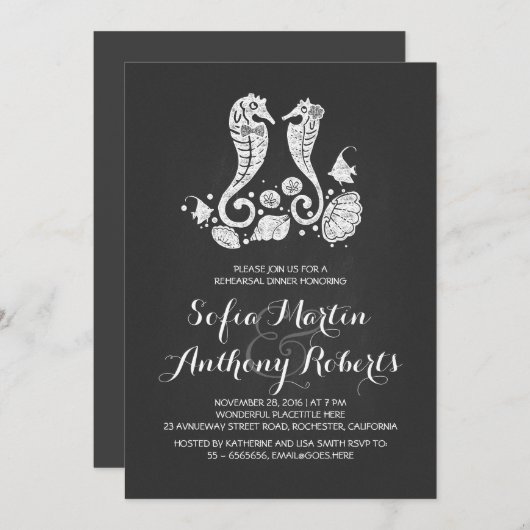 Seahorse paar strand repetitie diner uitnodiging (Voorkant / Achterkant)
