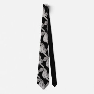 Seahorse Print Black Silky Necktie Stropdas