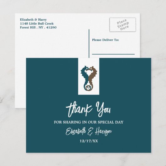 Seahorse Romance, Beach Wedding Bedankt Briefkaart (Voorkant / Achterkant)