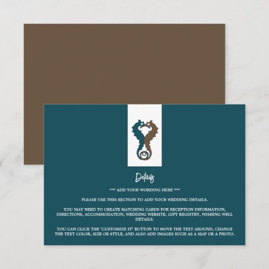 Seahorse Romance, Beach Wedding Detail Informatiekaartje (Voorkant / Achterkant)