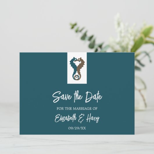 Seahorse Romance, Beach Wedding Save The Date (Staand voorkant)
