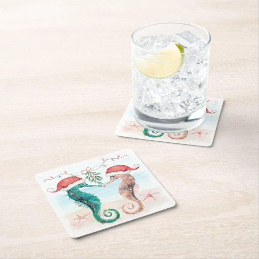Seahorse Santa Coastal Kerstmis Kiss Beach Kartonnen Onderzetters (Insitu)