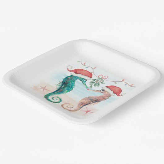 Seahorse Santa Coastal Kerstmis Kiss Beach Papieren Bordje (Gebogen)