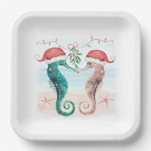 Seahorse Santa Coastal Kerstmis Kiss Beach Papieren Bordje (Voorkant)