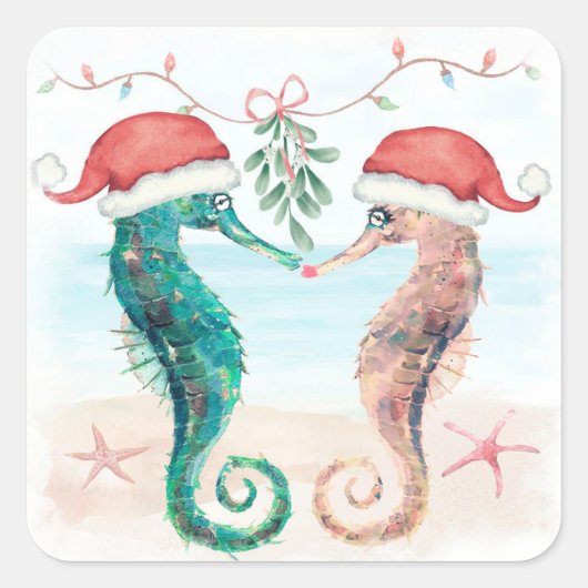 Seahorse Santa Coastal Kerstmis Kiss Beach Vierkante Sticker (Voorkant)
