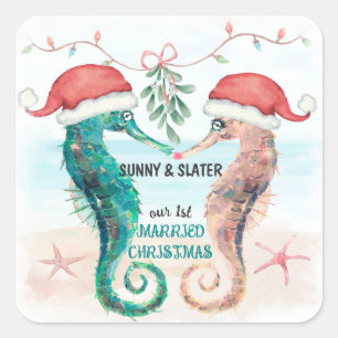 Seahorse Santa Our First huwly Kerstmis Vierkante Sticker