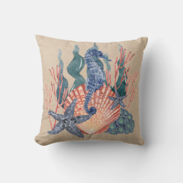 Seahorse Seashell Blauw Sinaasappel Beige Ocean Se Kussen