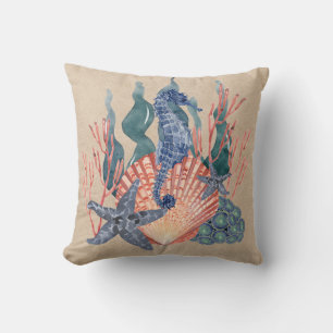 Seahorse Seashell Blauw Sinaasappel Beige Ocean Se Kussen