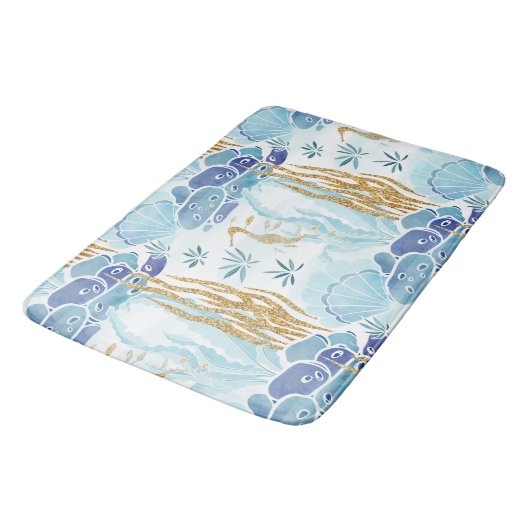 Seahorse Seashells Gold Glitter Blue Ocean Badmat (Gekanteld)