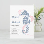 Seahorse, seaweed dusty blue, blush strand bruilof kaart (Staand voorkant)